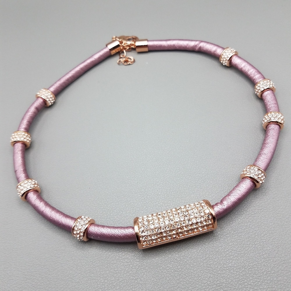 Joan Boyce "charmed for sure" pave a bar cord necklace 17 inches Pink